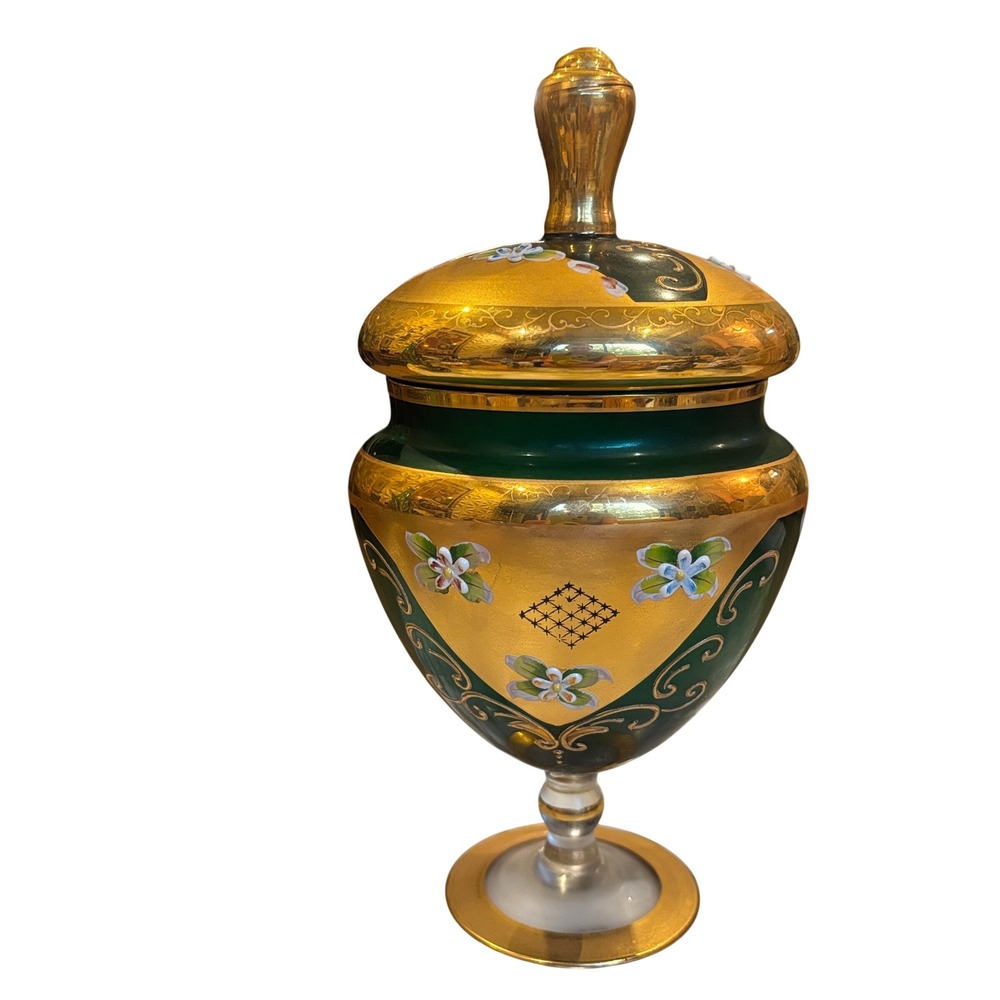 Murano Emerald Green Gold Leaf Hand Painted Floral Footed Lidded Candy Jar